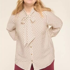 Lane Bryant Long-Sleeve Tie-Neck Button-Down Blouse Cream Dot